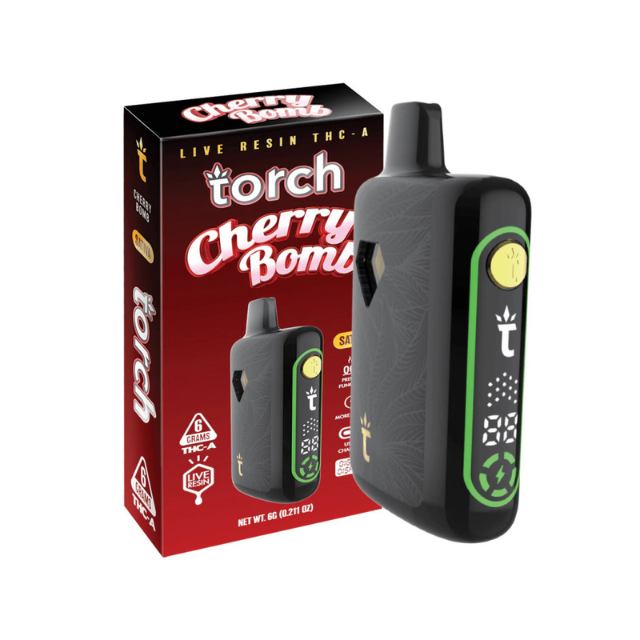 Marca: Torch  Vaper con resina viva THC-A, Cherry Bomb (Cereza explosiva).