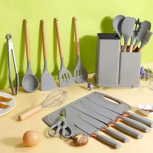 Juego de utensilios de silicona con cuchillos, tabla y accesorios