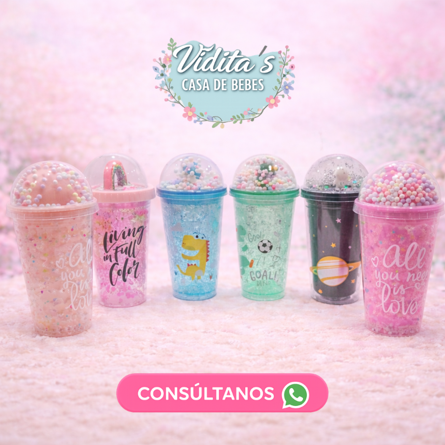 Vasos Infantiles Glitter con Tapa Domo