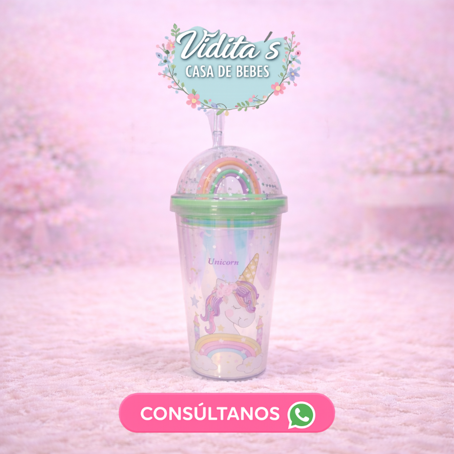 Vaso Infantil Unicornio Glitter con Tapa Domo