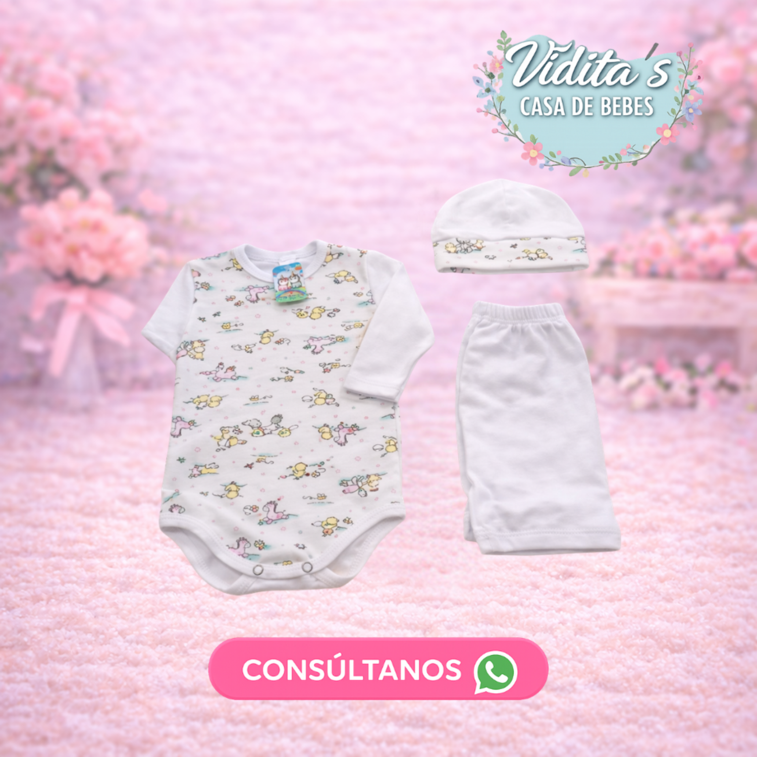 Ajuar de Bebé 3 Piezas (Body + Pantalón + Gorrito)