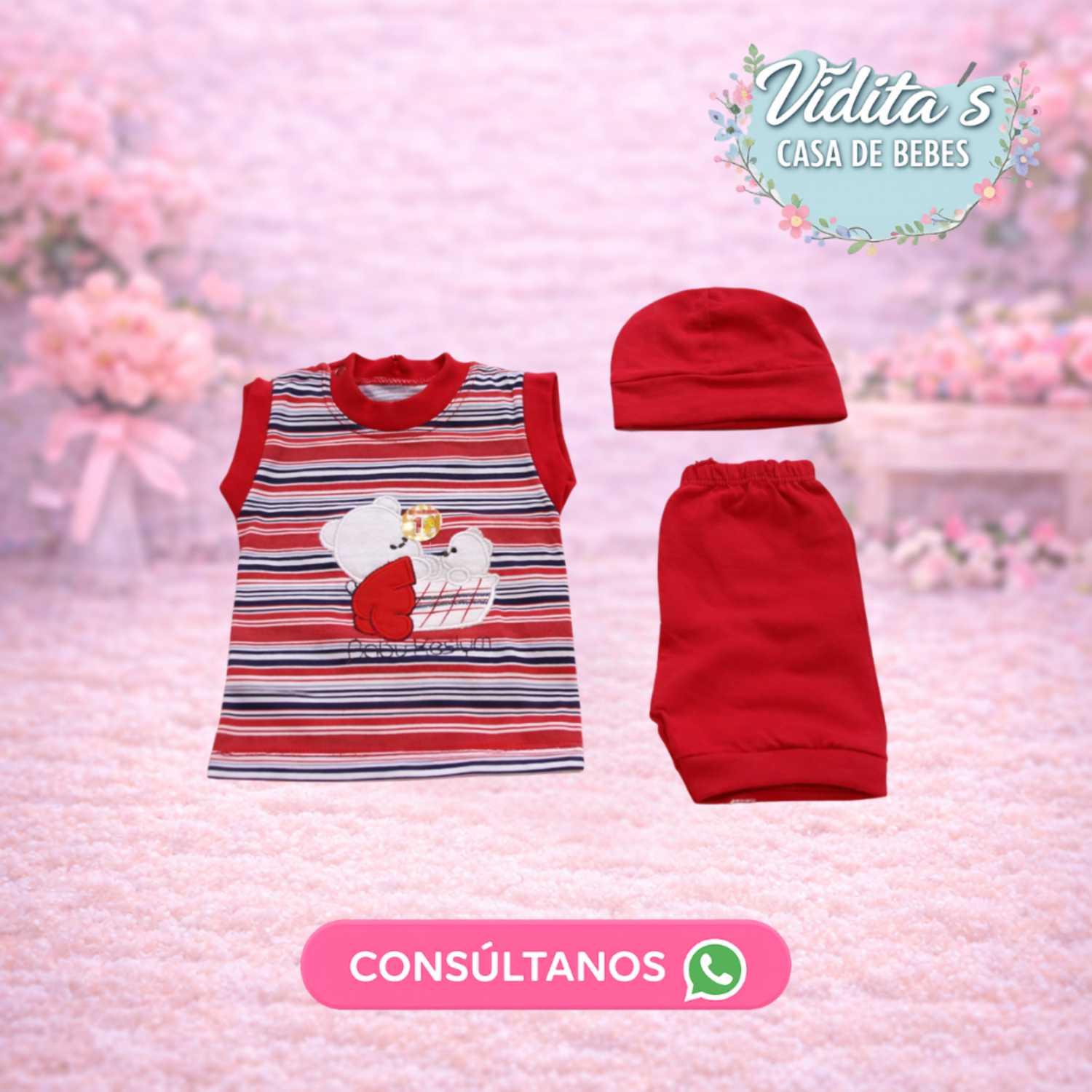 Ajuar de Bebé 3 Piezas Rayado Rojo (Remera + Pantalón + Gorrito)