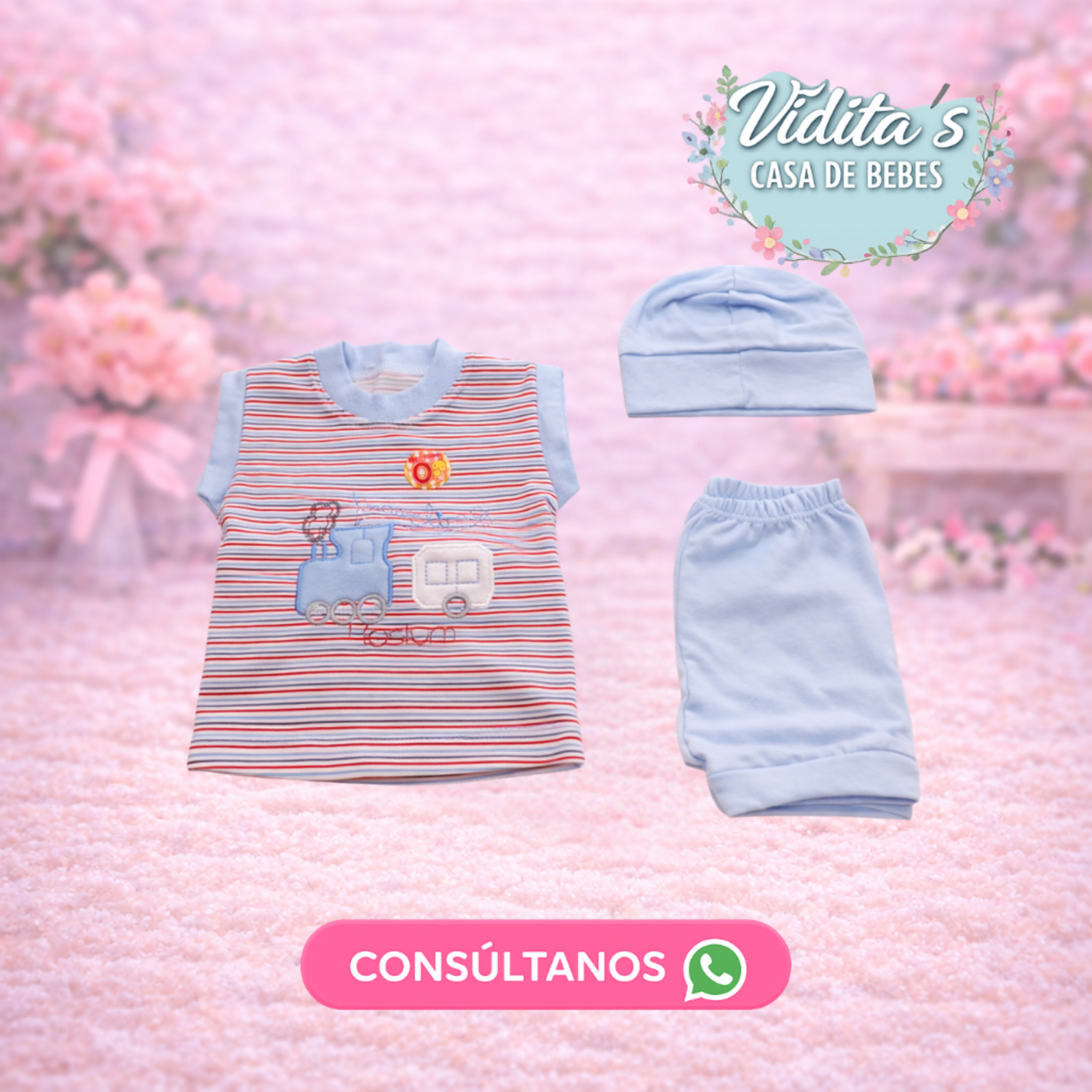 Ajuar de Bebé 3 Piezas Tren Celeste (Remera + Pantalón + Gorrito)