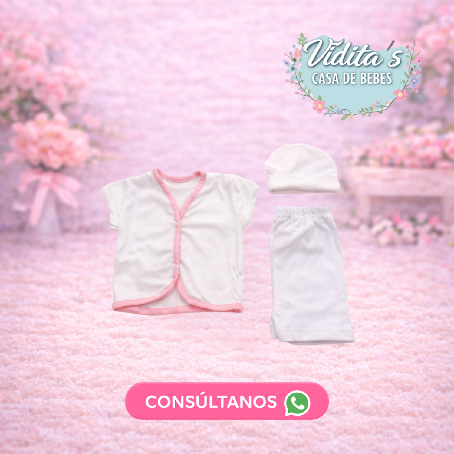 Ajuar de Bebé 3 Piezas Blanco y Rosa (Batita + Pantalón + Gorrito)