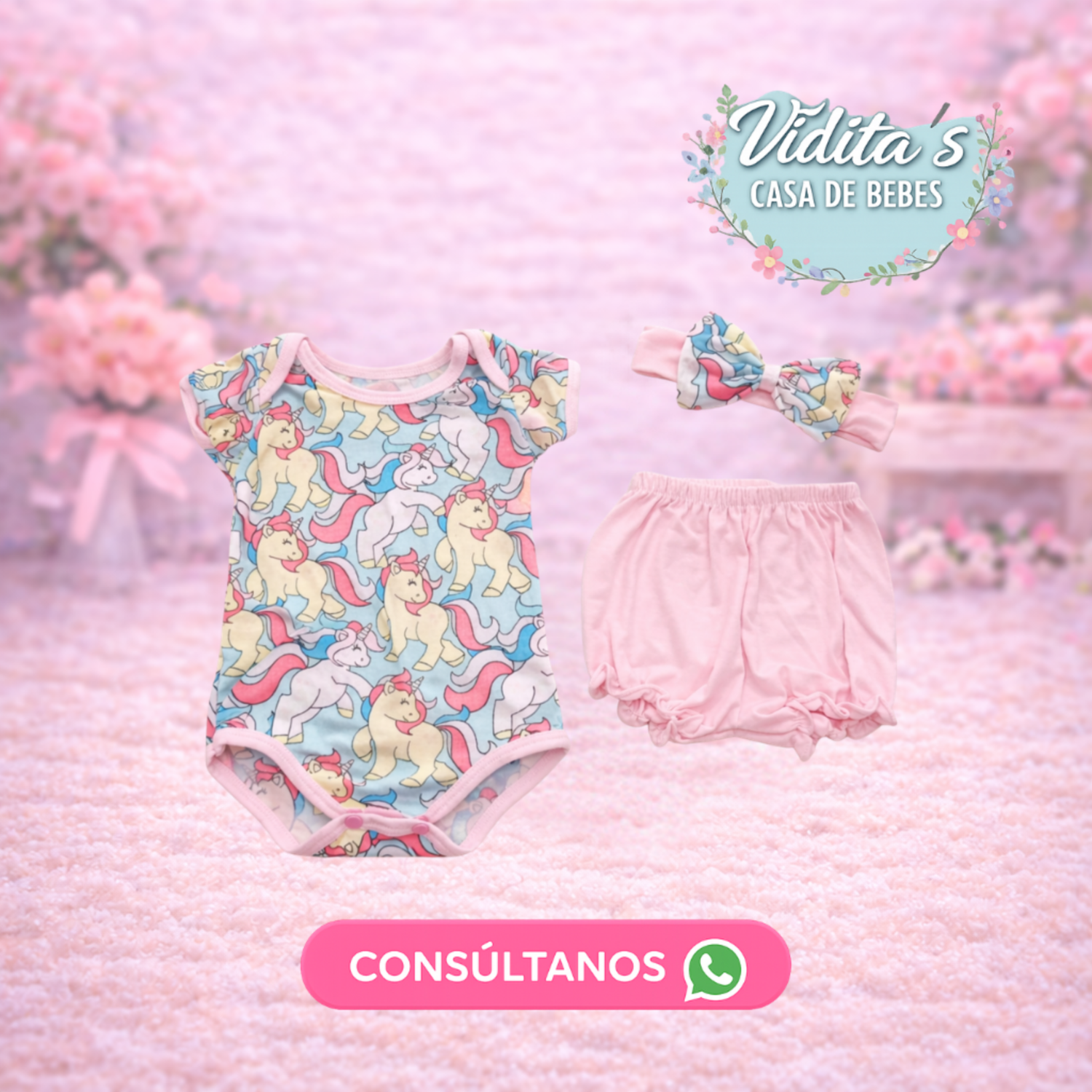 Ajuar de Bebé Unicornio 3 Piezas (Body + Short + Vincha)