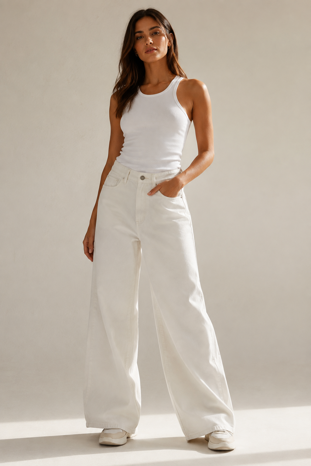 Jean wide leg gabardina blanca